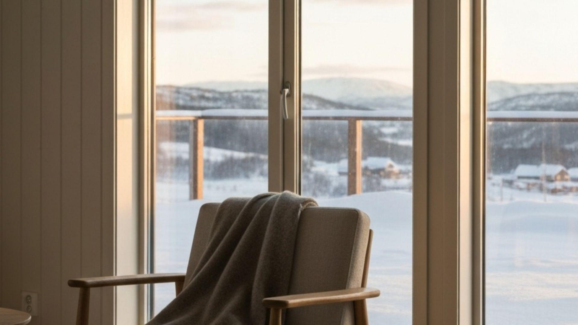 Lun skandinavisk stue med rene vinduer som vender ut mot snødekt norsk landskap